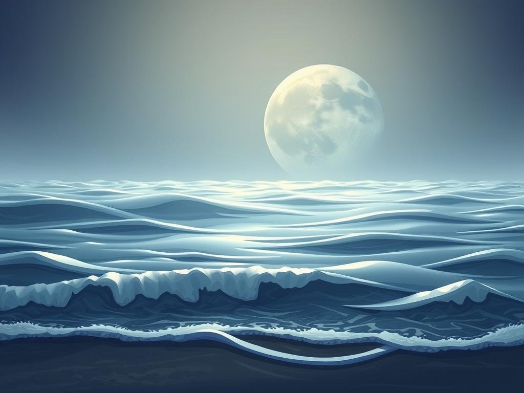A serene lunar landscape bathed in a soft, ethereal glow. In the foreground, a realistic depiction of Earth's tides, with waves gently lapping against the shore. The middle ground showcases the gravitational pull of the moon, subtly distorting the water's surface. In the background, the moon itself looms large, its craters and shadows detailed with precision. Lighting is natural and diffused, creating a sense of peaceful contemplation. The overall scene captures the intricate relationship between the Earth, moon, and the tidal forces that shape our planet, inviting the viewer to ponder the marvels of the lunar cycle. Uma paisagem lunar serena banhada por um brilho suave e etéreo. Em primeiro plano, uma representação realista das marés da Terra, com ondas batendo suavemente na costa. O plano central destaca a força gravitacional da Lua, distorcendo sutilmente a superfície da água. Ao fundo, a própria Lua se destaca, com suas crateras e sombras detalhadas com precisão. A iluminação é natural e difusa, criando uma sensação de contemplação tranquila. A cena geral captura a intrincada relação entre a Terra, a Lua e as forças das marés que moldam nosso planeta, convidando o observador a refletir sobre as maravilhas do ciclo lunar.