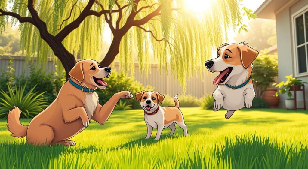 A serene, sun-dappled backyard scene showcases the dynamic communication and behavior of two playful canines. In the foreground, a golden retriever enthusiastically gestures with its paws, conveying its excitement through body language. In the middle ground, a smaller breed dog tilts its head attentively, demonstrating the nuanced interspecies dialog. The background features a lush, verdant lawn and a gently swaying tree, creating a peaceful, naturalistic ambiance. The warm, soft lighting enhances the warmth and affection radiating from the two companions. Captured through a wide-angle lens, the image invites the viewer to observe the intricate, intuitive ways in which dogs express themselves and connect with one another. Uma cena serena e ensolarada de quintal exibe a comunicação dinâmica e o comportamento de dois cães brincalhões. Em primeiro plano, um golden retriever gesticula entusiasticamente com as patas, transmitindo sua excitação por meio da linguagem corporal. No centro, um cão de raça menor inclina a cabeça atentamente, demonstrando o diálogo interespecífico matizado. O fundo apresenta um gramado exuberante e verdejante e uma árvore balançando suavemente, criando um ambiente tranquilo e naturalista. A iluminação suave e quente realça o calor e o afeto que irradiam dos dois companheiros. Capturada por uma lente grande angular, a imagem convida o observador a observar as maneiras complexas e intuitivas pelas quais os cães se expressam e se conectam uns com os outros.