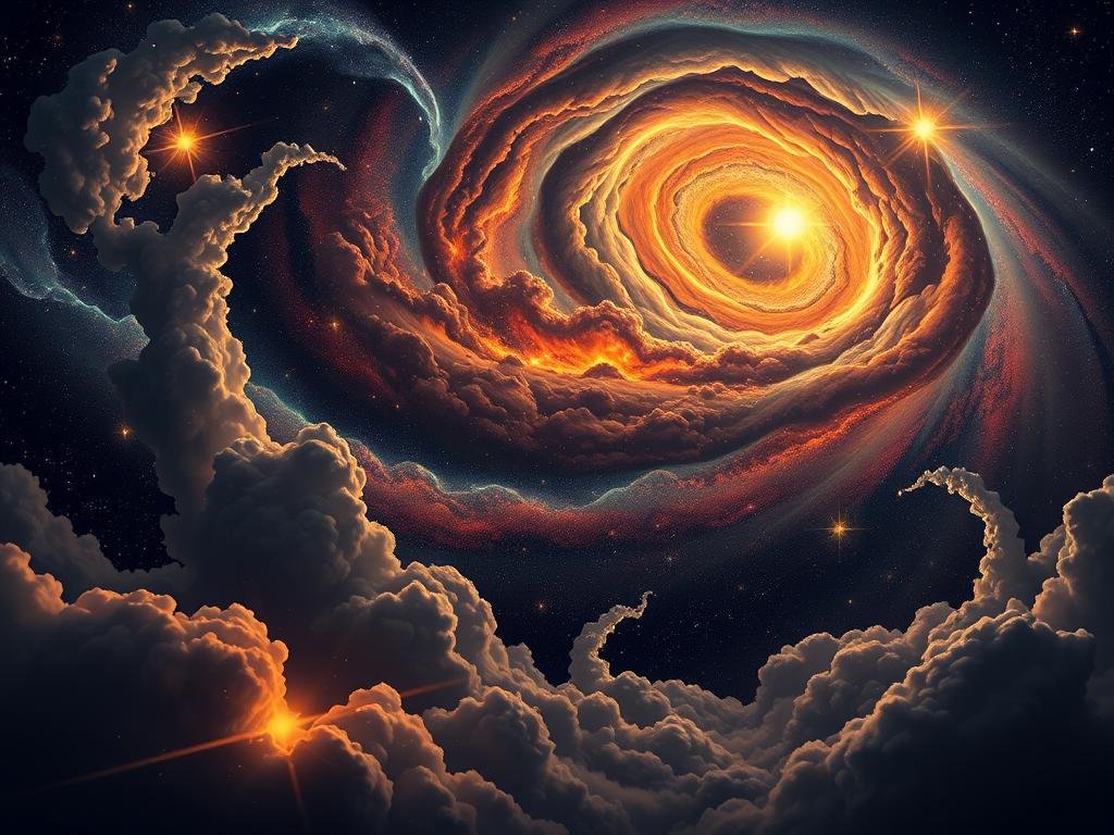A spectacular stellar nursery, with swirling clouds of glowing interstellar gas and dust giving birth to a myriad of new stars. Magnificent pillars of luminous cosmic material reach skyward, illuminated by the intense radiation from young, hot, and energetic stars. In the foreground, delicate wisps of opaque dust obscure and silhouette the emerging stellar beacons, while the middle ground is suffused with a warm, ethereal glow. The background fades into a deep, inky blackness punctuated by the flickering points of distant, established stars. Dramatic chiaroscuro lighting enhances the sense of depth and drama, creating an awe-inspiring vision of the dynamic, ever-evolving nature of our Milky Way galaxy. A spectacular stellar nursery, with swirling clouds of glowing interstellar gas and dust giving birth to a myriad of new stars. Magnificent pillars of luminous cosmic material reach skyward, illuminated by the intense radiation from young, hot, and energetic stars. In the foreground, delicate wisps of opaque dust obscure and silhouette the emerging stellar beacons, while the middle ground is suffused with a warm, ethereal glow. The background fades into a deep, inky blackness punctuated by the flickering points of distant, established stars. Dramatic chiaroscuro lighting enhances the sense of depth and drama, creating an awe-inspiring vision of the dynamic, ever-evolving nature of our Milky Way galaxy.