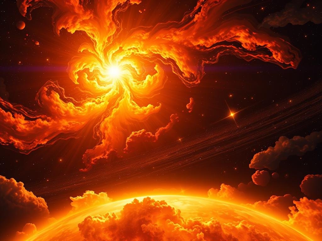 A stunning cosmic composition depicting the intricate dance of stellar nucleosynthesis. In the foreground, a brilliant, swirling cloud of glowing plasma pulses with the intense energy of nuclear fusion, its vibrant hues of gold and crimson illuminating the scene. In the middle ground, a cluster of luminous stars shines with a soft, ethereal glow, their radiant beams casting long, elegant shadows across the dark expanse. In the distant background, a vast, nebulous field of interstellar dust and gas stretches out, its wispy tendrils framing the central celestial display. Captured with a wide-angle lens and dramatic chiaroscuro lighting, this image conveys the mesmerizing beauty and raw power at the heart of a star's life cycle. Uma impressionante composição cósmica que retrata a intrincada dança da nucleossíntese estelar. Em primeiro plano, uma nuvem brilhante e espiralada de plasma incandescente pulsa com a intensa energia da fusão nuclear, com seus vibrantes tons de dourado e carmesim iluminando a cena. No plano central, um aglomerado de estrelas luminosas brilha com um brilho suave e etéreo, seus raios radiantes projetando sombras longas e elegantes sobre a extensão escura. Ao fundo, um vasto e nebuloso campo de poeira e gás interestelar se estende, com seus tênues tentáculos emoldurando o espetáculo celeste central. Capturada com uma lente grande angular e uma dramática iluminação em claro-escuro, esta imagem transmite a beleza hipnotizante e o poder bruto no coração do ciclo de vida de uma estrela.
