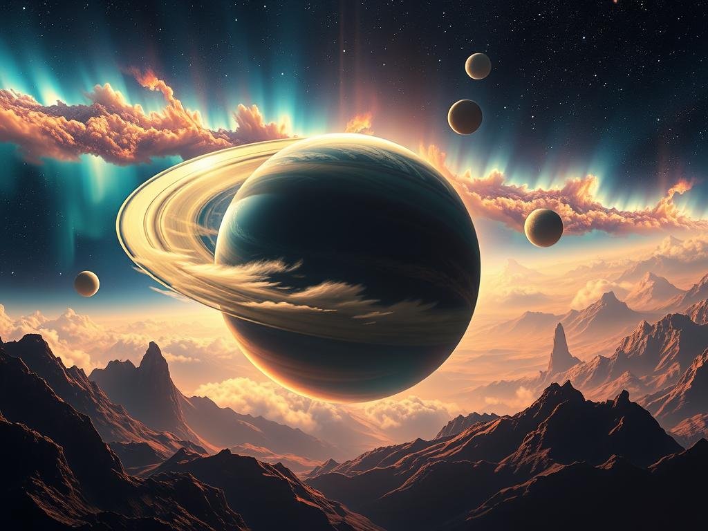 A stunning vista of planets in the cosmic expanse, bathed in a spectrum of atmospheric hues. In the foreground, a gas giant planet swirls with dynamic cloud formations, its vibrant colors shifting from deep blues to fiery oranges. In the middle ground, smaller rocky planets orbit, their surfaces peppered with towering mountains and sweeping canyons. The background is a tapestry of distant stars, nebulae, and ethereal auroras, painting the scene with a sense of grandeur and wonder. The lighting is dramatic, casting deep shadows and highlights that accentuate the curves and contours of the celestial bodies. Captured through a wide-angle lens, the composition conveys a sense of immense scale and the majesty of the cosmos. Uma vista deslumbrante de planetas na vastidão cósmica, banhados por um espectro de tons atmosféricos. Em primeiro plano, um planeta gigante gasoso gira em formações dinâmicas de nuvens, com cores vibrantes que variam de azuis profundos a laranjas intensos. No plano intermediário, planetas rochosos menores orbitam, com suas superfícies salpicadas de montanhas imponentes e cânions arrebatadores. O fundo é uma tapeçaria de estrelas distantes, nebulosas e auroras etéreas, pintando a cena com uma sensação de grandeza e maravilha. A iluminação é dramática, projetando sombras profundas e realces que acentuam as curvas e os contornos dos corpos celestes. Capturada por uma lente grande angular, a composição transmite uma sensação de imensa escala e a majestade do cosmos.