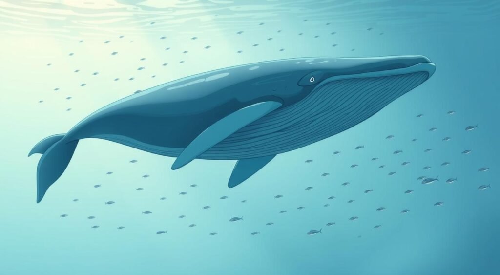 A vast and majestic blue whale, the largest animal on the planet, gracefully swimming through the depths of a serene ocean. The whale's colossal body glides effortlessly, its smooth blue-gray skin glistening in the soft, diffused light that filters down from the surface. Schools of smaller fish dart around the whale, creating a sense of scale and emphasizing the sheer size of this magnificent marine mammal. The background is filled with a hazy, muted color palette, creating a sense of tranquility and awe. The overall composition captures the wonder and power of this incredible creature, highlighting its status as the true giant of the seas. Uma imensa e majestosa baleia-azul, o maior animal do planeta, nadando graciosamente pelas profundezas de um oceano sereno. O corpo colossal da baleia desliza sem esforço, sua pele lisa, azul-acinzentada, brilhando sob a luz suave e difusa que se filtra da superfície. Cardumes de peixes menores nadam ao redor da baleia, criando uma sensação de escala e enfatizando o tamanho deste magnífico mamífero marinho. O fundo é preenchido por uma paleta de cores nebulosa e suave, criando uma sensação de tranquilidade e admiração. A composição geral captura a maravilha e o poder desta criatura incrível, destacando seu status como o verdadeiro gigante dos mares.