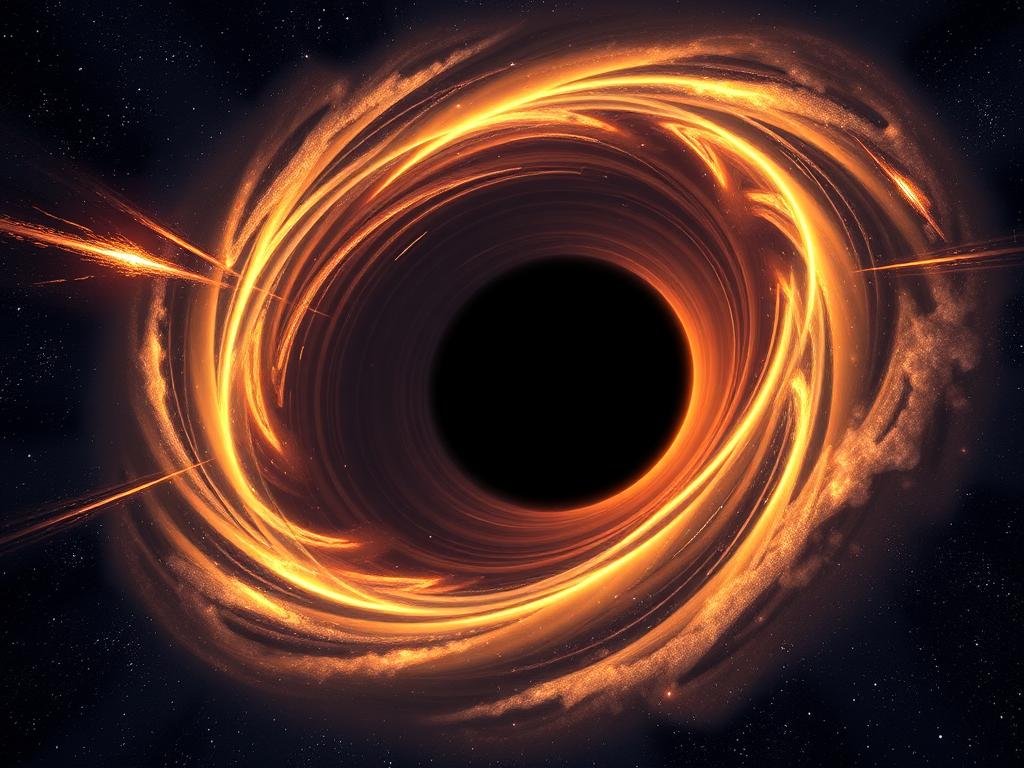 A vast, dark void stretches out, punctuated by the brilliant glow of a supermassive black hole's event horizon. Swirling, luminous accretion disks of superheated plasma surround the singularity, casting an ethereal radiance that illuminates the surrounding space. Distorted by the immense gravitational forces, the fabric of spacetime appears to bend and warp, creating a mesmerizing visual spectacle. Streaks of bright, energetic matter jet outward, hinting at the immense power and activity within this cosmic abyss. The scene is shrouded in an ominous, enigmatic atmosphere, capturing the mysterious and awe-inspiring nature of these celestial behemoths. Um vasto vazio escuro se estende, pontuado pelo brilho intenso do horizonte de eventos de um buraco negro supermassivo. Discos de acreção luminosos e giratórios de plasma superaquecido circundam a singularidade, lançando uma radiância etérea que ilumina o espaço circundante. Distorcido pelas imensas forças gravitacionais, o tecido do espaço-tempo parece se curvar e se deformar, criando um espetáculo visual hipnotizante. Jatos de matéria brilhante e energética se projetam para fora, sugerindo o imenso poder e atividade dentro desse abismo cósmico. A cena é envolta em uma atmosfera sinistra e enigmática, capturando a natureza misteriosa e inspiradora desses gigantes celestes.