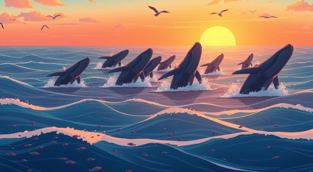 A vast, oceanic landscape with a school of majestic humpback whales breaching the surface in a dramatic display. The whales are backlit by a warm, golden sunset, their gargantuan bodies silhouetted against the vibrant orange and pink hues of the sky. The water is a deep, azure blue, with gentle swells and cresting waves. In the foreground, schools of smaller fish dart through the currents, while seabirds soar overhead, creating a sense of scale and vitality. The overall mood is one of awe and wonder, capturing the magnificence and mystery of these colossal marine creatures. Uma vasta paisagem oceânica com um cardume de majestosas baleias jubarte rompendo a superfície em um espetáculo dramático. As baleias são iluminadas por um pôr do sol quente e dourado, com seus corpos gigantescos recortados contra os vibrantes tons de laranja e rosa do céu. A água é de um azul profundo e azul-celeste, com ondulações suaves e ondas em crista. Em primeiro plano, cardumes de peixes menores nadam rapidamente pelas correntes, enquanto aves marinhas planam acima, criando uma sensação de escala e vitalidade. O clima geral é de admiração e maravilhamento, capturando a magnificência e o mistério dessas colossais criaturas marinhas.