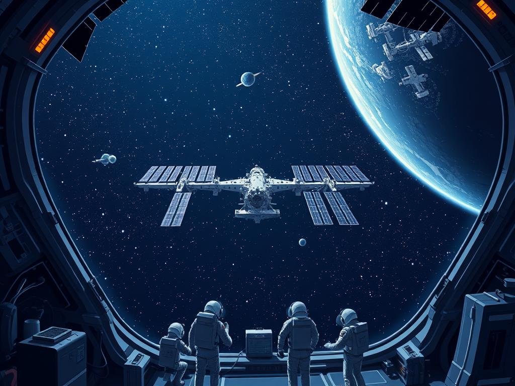 A vast, pristine view of the International Space Station orbiting amidst a sea of stars, its solar panels glistening in the eternal light. In the foreground, a crew of astronauts go about their daily routine, tethered to the station's interior as they perform vital experiments and maintenance tasks. The interior of the ISS is a marvel of engineering, with sleek, futuristic modules and equipment floating in a state of weightlessness. The atmosphere is one of focused purpose and tranquil wonder, as the astronauts work diligently to expand the boundaries of human knowledge and experience in the boundless expanse of space. Uma vista vasta e imaculada da Estação Espacial Internacional orbitando em meio a um mar de estrelas, com seus painéis solares brilhando na luz eterna. Em primeiro plano, uma tripulação de astronautas realiza sua rotina diária, presa ao interior da estação, realizando experimentos vitais e tarefas de manutenção. O interior da ISS é uma maravilha da engenharia, com módulos e equipamentos elegantes e futuristas flutuando em um estado de ausência de gravidade. A atmosfera é de propósito focado e maravilha tranquila, enquanto os astronautas trabalham diligentemente para expandir os limites do conhecimento e da experiência humana na imensidão ilimitada do espaço.