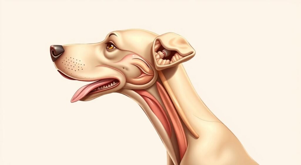 Detailed anatomical illustration of a dog, showcasing its unique sensory capabilities. A mid-shot view of the canine's head, with a focus on the intricate structures of the nose, eyes, ears, and tongue. Rendered in a lifelike, scientific style with a neutral color palette and precise attention to anatomical accuracy. Subtle lighting from the side casts dimensional shadows, highlighting the contours of the subject. The background is a clean, minimalist studio setting, allowing the viewer to concentrate on the specialized senses of the dog. An educational, informative, and visually striking image that complements the article's exploration of curious facts about canine anatomy and perception. Ilustração anatômica detalhada de um cão, demonstrando suas capacidades sensoriais únicas. Uma visão central da cabeça do cão, com foco nas estruturas complexas do nariz, olhos, orelhas e língua. Renderizada em um estilo científico e realista, com uma paleta de cores neutras e atenção especial à precisão anatômica. A iluminação lateral sutil projeta sombras dimensionais, destacando os contornos do objeto. O fundo é um estúdio limpo e minimalista, permitindo que o observador se concentre nos sentidos especializados do cão. Uma imagem educativa, informativa e visualmente impressionante que complementa a exploração do artigo sobre fatos curiosos sobre a anatomia e a percepção canina.