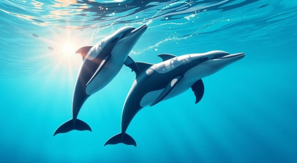 Graceful, deep-diving dolphins plunging into the vibrant, azure depths of the ocean. Sunlight filters through the crystalline waters, casting a shimmering glow on their streamlined bodies as they effortlessly navigate the underwater realm. Captured in a dramatic, high-speed moment, their powerful flukes propel them downward, showcasing their incredible aquatic agility and prowess. The serene, tranquil scene evokes a sense of wonder and appreciation for these intelligent marine mammals and their remarkable diving abilities. Golfinhos graciosos mergulhando fundo nas vibrantes profundezas azuis do oceano. A luz do sol filtra-se pelas águas cristalinas, lançando um brilho cintilante em seus corpos aerodinâmicos enquanto navegam sem esforço pelo reino subaquático. Capturados em um momento dramático e veloz, suas poderosas nadadeiras os impulsionam para baixo, exibindo sua incrível agilidade e destreza aquática. A cena serena e tranquila evoca uma sensação de admiração e apreço por esses inteligentes mamíferos marinhos e suas extraordinárias habilidades de mergulho.