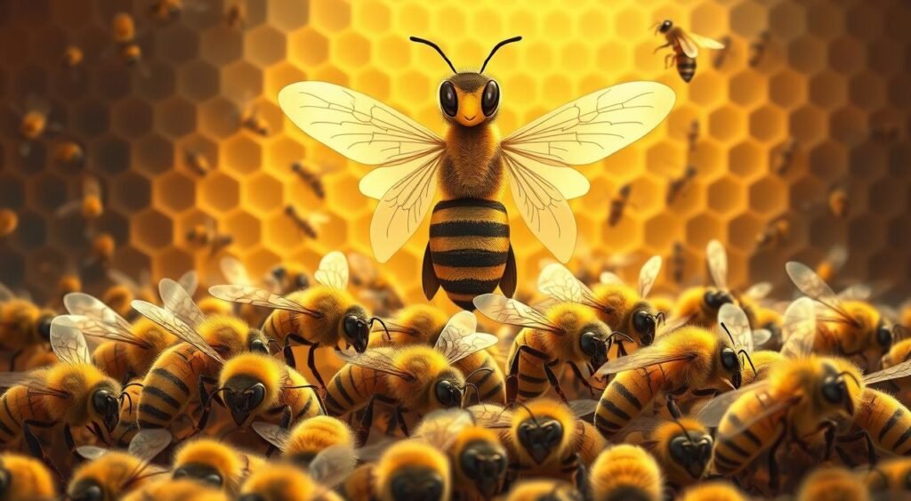 Hierarquia das abelhas na colmeia: a striking scene of intricate social order. In the foreground, worker bees diligently tending to the hive's tasks, their compound eyes glistening as they move with purpose. In the middle ground, the queen bee stands tall, her regal form commanding attention. Surrounding her, the drone bees, their wings shimmering in the soft, diffused lighting. In the background, the delicate honeycomb structure, a testament to the bees' engineering prowess. Convey the hive's industrious atmosphere, where each individual bee plays a vital role in the colony's harmony and prosperity. Fatos Curiosos sobre as Abelhas