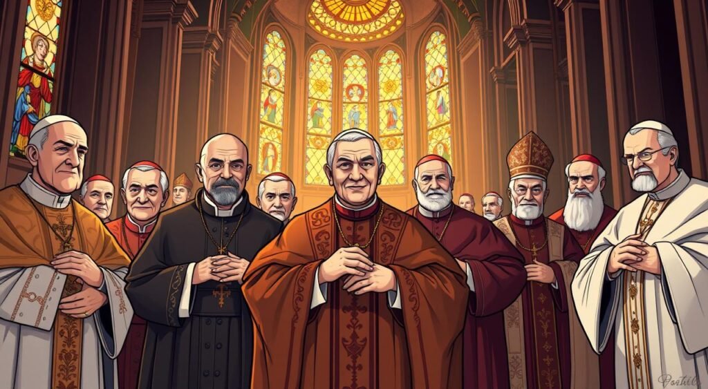 Intricate portraits of past Popes, captured in a majestic and reverent style. A grand cathedral interior serves as the backdrop, with stained glass windows casting a warm, ethereal glow. Ornate vestments and regalia adorn the figures, conveying their sacred authority. Subtle lighting accentuates the dignified expressions and regal poses of the Popes, inviting the viewer to ponder the rich history and significance of the Papacy. A sense of timeless grandeur and spiritual contemplation permeates the scene, befitting the "Curiosidades Sobre os Papas" theme. Intricate portraits of past Popes, captured in a majestic and reverent style. A grand cathedral interior serves as the backdrop, with stained glass windows casting a warm, ethereal glow. Ornate vestments and regalia adorn the figures, conveying their sacred authority. Subtle lighting accentuates the dignified expressions and regal poses of the Popes, inviting the viewer to ponder the rich history and significance of the Papacy. A sense of timeless grandeur and spiritual contemplation permeates the scene, befitting the "Curiosidades Sobre os Papas" theme.