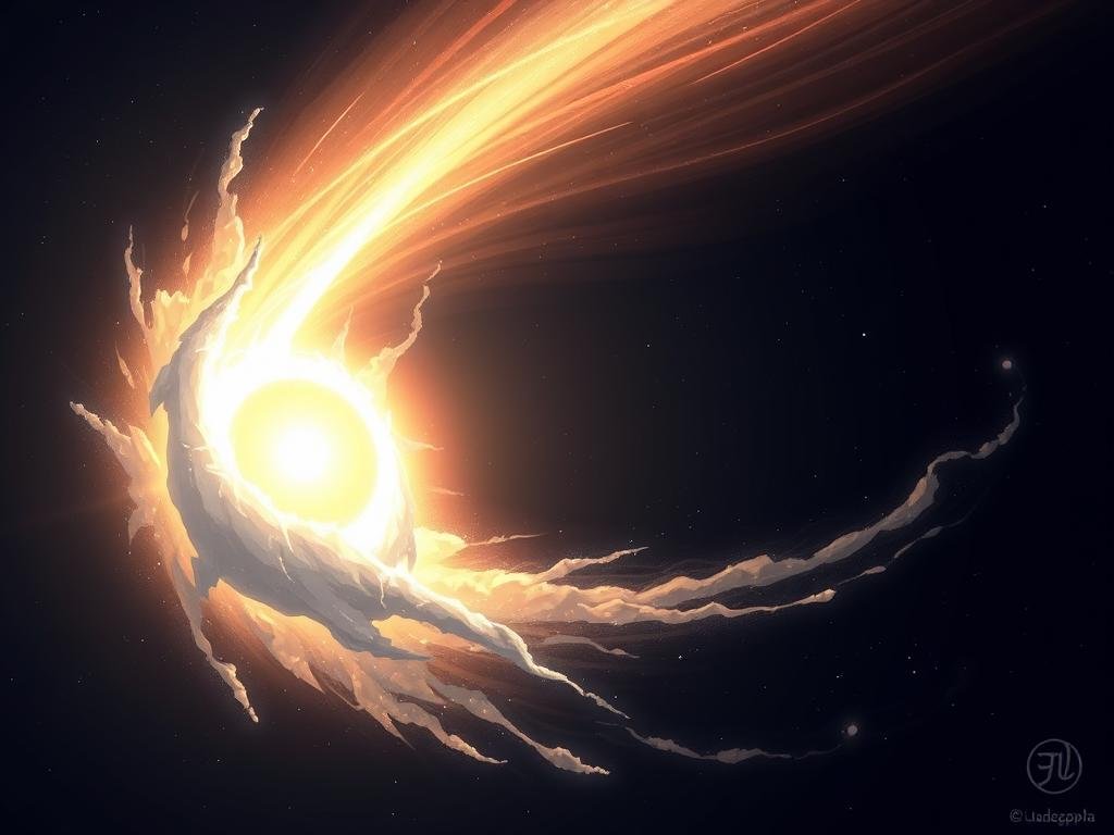 Núcleo coma cauda cometa: a celestial masterpiece. A dense, frozen core surrounded by a glowing, ethereal atmosphere, with a sweeping tail of luminous dust and gas trailing behind, illuminated by the brilliant rays of the distant sun. The scene unfolds in a serene, inky void, punctuated by the faint glimmer of distant stars. High-contrast lighting and a slightly wide-angle perspective capture the grandeur and scale of this cosmic phenomenon, inviting the viewer to marvel at the wonders of the universe. Soft, diffuse lighting lends an almost dreamlike quality, while the sharp, precise rendering of details elevates the scientific accuracy of the image. Núcleo coma cauda cometa: a celestial masterpiece. A dense, frozen core surrounded by a glowing, ethereal atmosphere, with a sweeping tail of luminous dust and gas trailing behind, illuminated by the brilliant rays of the distant sun. The scene unfolds in a serene, inky void, punctuated by the faint glimmer of distant stars. High-contrast lighting and a slightly wide-angle perspective capture the grandeur and scale of this cosmic phenomenon, inviting the viewer to marvel at the wonders of the universe. Soft, diffuse lighting lends an almost dreamlike quality, while the sharp, precise rendering of details elevates the scientific accuracy of the image.