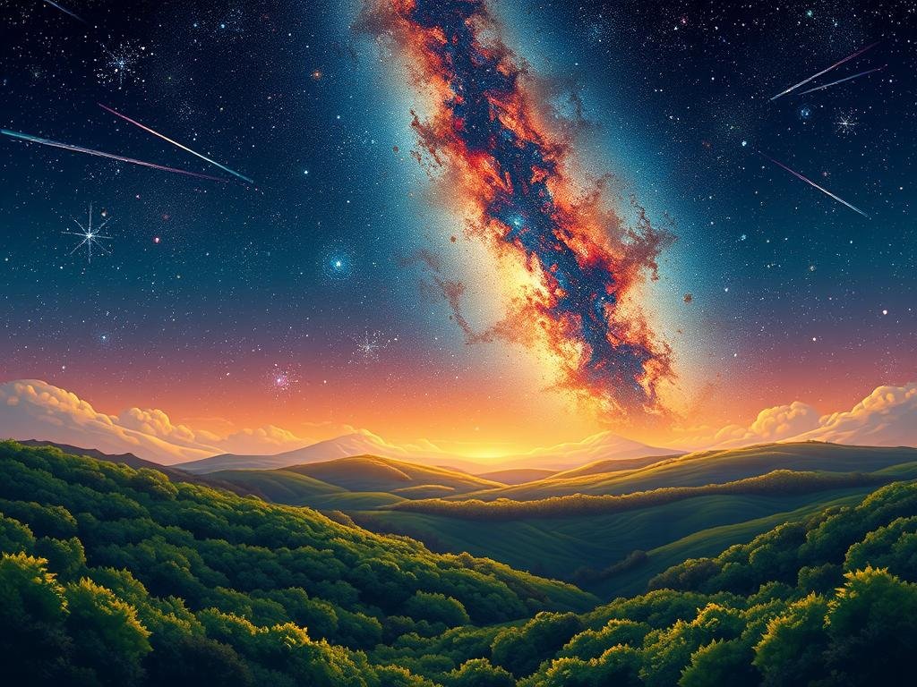 Starry night sky with a vibrant celestial landscape. In the foreground, a stunning atmospheric vista of a lush, verdant planet bathed in a soft, golden glow. Wispy clouds drift across the horizon, creating an ethereal, dreamlike ambiance. The middle ground is filled with a dazzling array of stars, nebulae, and distant galaxies, their brilliant colors and intricate details captured in exquisite detail. The background is a deep, inky expanse of the vast, mysterious cosmos, punctuated by the occasional shooting star or celestial phenomenon. The overall composition evokes a sense of wonder, awe, and the boundless beauty of the universe. Estrelas: 10 Fatos Curiosos que vão Iluminar sua Mente