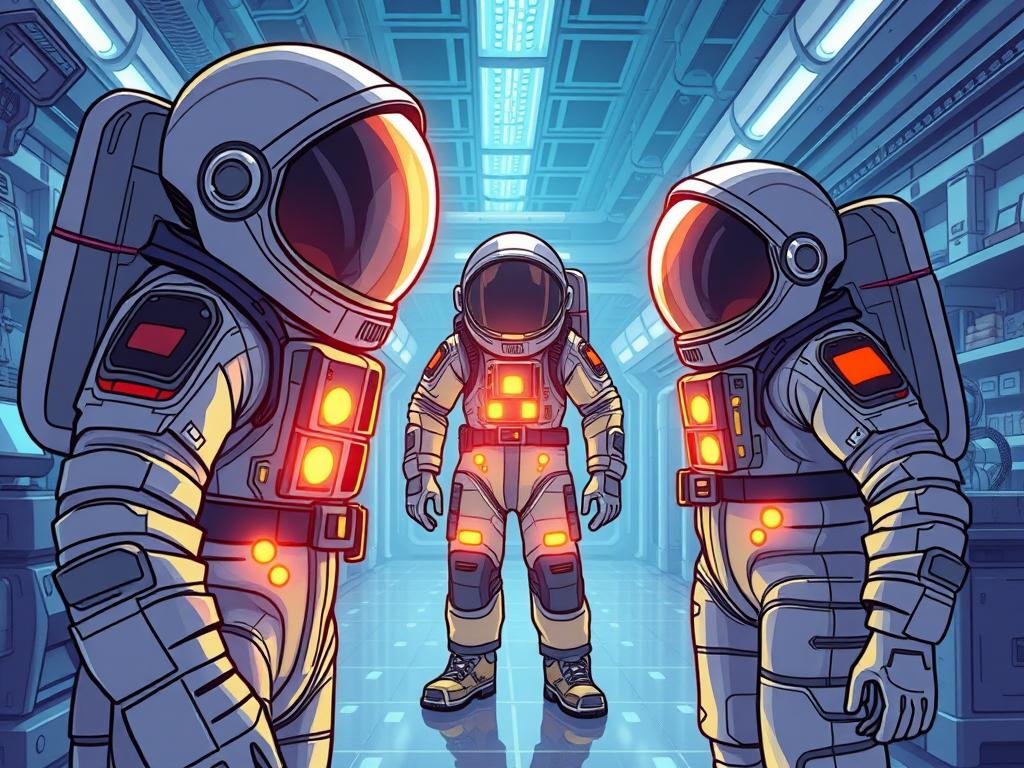 Trajes espaciais lustrosos e reluzentes na vanguarda da tecnologia futurista. Uma coleção de designs inovadores, com materiais de alta resistência e sistemas de suporte de vida avançados. Ao fundo, um laboratório brilhante com hologramas, telas de computador e impressoras 3D criando novas peças. Uma atmosfera de progresso, exploração e descoberta, com a humanidade pronta para enfrentar os desafios da jornada além da Terra. Exploração Espacial: 15 Curiosidades Incríveis Além da Terra