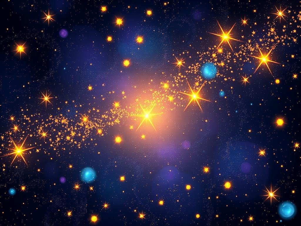 Vibrant cosmic canvas, stars shimmering with dazzling brilliance across the midnight-blue expanse. Glowing orbs of varying hues - golden, azure, and amethyst - scattered like gemstones against a velvety backdrop. Warm luminous beams radiate through the inky blackness, casting a soft, ethereal glow. Intricate patterns of shimmering stardust swirl and dance, weaving a mesmerizing tapestry of celestial light. Dramatic chiaroscuro effects create depth and dimension, highlighting the dynamic interplay of light and shadow. A serene, captivating scene that illuminates the boundless wonder of the night sky. Tela cósmica vibrante, estrelas cintilando com um brilho ofuscante por toda a extensão azul-meia-noite. Orbes brilhantes de tons variados – dourado, azul-celeste e ametista – espalham-se como pedras preciosas contra um fundo aveludado. Feixes luminosos e quentes irradiam através da escuridão, lançando um brilho suave e etéreo. Padrões intrincados de poeira estelar cintilante giram e dançam, tecendo uma tapeçaria hipnotizante de luz celestial. Efeitos dramáticos de claro-escuro criam profundidade e dimensão, destacando a interação dinâmica de luz e sombra. Uma cena serena e cativante que ilumina a maravilha sem limites do céu noturno.