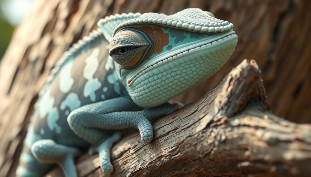 A close-up view of a chameleon resting on a branch, its body in a relaxed posture, with its eyes partially open. The chameleon's skin has a mottled, camouflage-like pattern, blending seamlessly with the textured bark behind it. The image is captured in soft, diffused lighting, creating a serene and contemplative atmosphere. The chameleon's body language suggests it is regulating its body temperature, perhaps basking in the sun or seeking shade. The composition emphasizes the chameleon's natural behavior and adaptability, highlighting the myths and misconceptions surrounding these remarkable creatures. mitos sobre camaleões