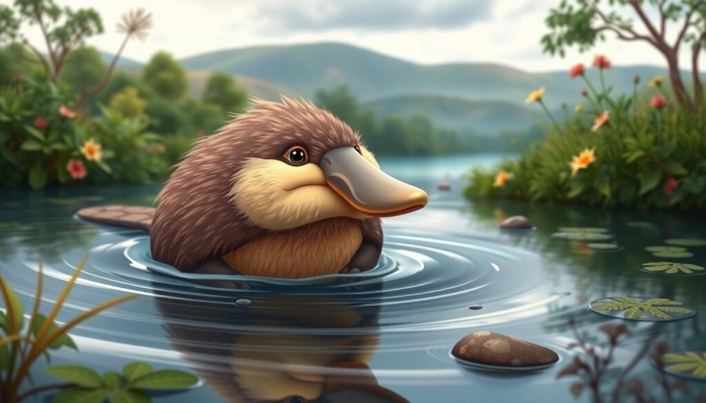 A closeup, highly detailed digital illustration of a platypus (Ornithorhynchus anatinus) in a natural habitat setting. The platypus is in the foreground, swimming gracefully through a tranquil pond or stream. The platypus's fur is rendered with a soft, velvety texture, and its distinctive bill and webbed feet are prominently featured. The middle ground showcases lush, verdant vegetation typical of the Australian bush, with ferns, flowers, and grasses. The background features a softly blurred, hazy landscape of rolling hills and a cloudy sky, creating a sense of depth and atmosphere. The lighting is soft and diffused, emanating a sense of calm and serenity. The overall mood is one of wonder and appreciation for the unique characteristics of this extraordinary egg-laying mammal. Uma ilustração digital em close-up e altamente detalhada de um ornitorrinco (Ornithorhynchus anatinus) em um habitat natural. O ornitorrinco está em primeiro plano, nadando graciosamente em um lago ou riacho tranquilo. A pelagem do ornitorrinco é pintada com uma textura macia e aveludada, e seu bico característico e patas palmadas são destaque. O plano central exibe uma vegetação exuberante e verdejante típica da mata australiana, com samambaias, flores e gramíneas. O fundo apresenta uma paisagem suavemente desfocada e nebulosa de colinas onduladas e um céu nublado, criando uma sensação de profundidade e atmosfera. A iluminação é suave e difusa, emanando uma sensação de calma e serenidade. O clima geral é de admiração e apreciação pelas características únicas deste extraordinário mamífero ovíparo.
