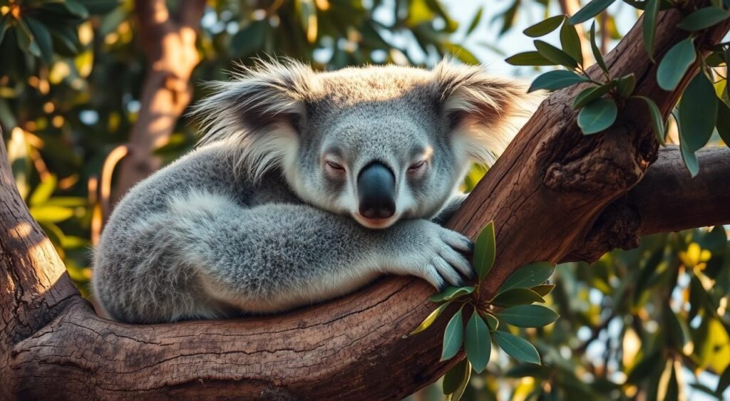 A cozy koala resting peacefully on a gnarled eucalyptus branch, its soft gray fur gently illuminated by warm afternoon sunlight filtering through the lush green leaves. The koala's expression is serene, showcasing its remarkable ability to thermoregulate, remaining calm and comfortable in its natural habitat. The image captures the tranquil essence of these beloved Australian marsupials, highlighting their unique adaptations that allow them to thrive in their environment. Um coala aconchegante descansa pacificamente em um galho nodoso de eucalipto, com sua pelagem cinza e macia suavemente iluminada pela cálida luz do sol da tarde que se filtra pelas folhas verdes exuberantes. A expressão do coala é serena, demonstrando sua notável capacidade de termorregulação, mantendo-se calmo e confortável em seu habitat natural. A imagem captura a essência tranquila desses adorados marsupiais australianos, destacando suas adaptações únicas que lhes permitem prosperar em seu ambiente.