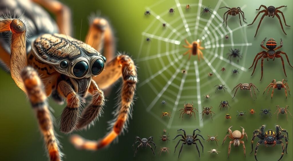 A detailed, high-resolution image of various intriguing facts and curiosities about spiders. The foreground features a close-up of a spider's compound eyes, mandibles, and hairy legs, captured in crisp detail under soft, diffused lighting. The middle ground showcases a web-spinning spider in its natural habitat, delicately constructing its intricate web. In the background, an array of smaller spider species are depicted, each with distinctive features and behaviors, such as the jumping spider, the orb-weaver, and the tarantula. The overall scene conveys a sense of wonder and fascination about the mysterious world of these arachnids. Uma imagem detalhada e em alta resolução de vários fatos e curiosidades intrigantes sobre aranhas. O primeiro plano apresenta um close-up dos olhos compostos, mandíbulas e pernas peludas de uma aranha, capturados com detalhes nítidos sob iluminação suave e difusa. O plano do meio mostra uma aranha tecelã em seu habitat natural, construindo delicadamente sua intrincada teia. Ao fundo, uma série de espécies menores de aranhas são retratadas, cada uma com características e comportamentos distintos, como a aranha-saltadora, a aranha-tecelã e a tarântula. A cena geral transmite uma sensação de admiração e fascínio pelo misterioso mundo desses aracnídeos.