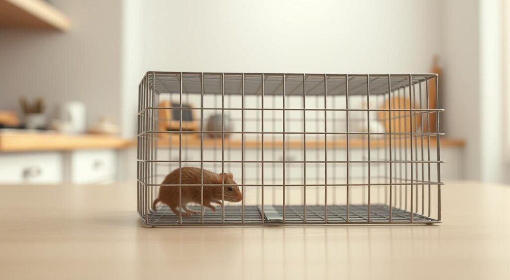 A detailed illustration of rodent control, showcasing a small brown mouse or rat trapped inside a humane cage trap. The foreground features the metal cage in sharp focus, with the rodent cowering inside. The middle ground shows a clean, uncluttered domestic setting, perhaps a kitchen counter or table, with minimal distractions. The background gently blurs into a neutral, light-filled space, creating a sense of calm and control. Soft, diffused lighting illuminates the scene, casting subtle shadows and highlights to accentuate the trap's structure and the rodent's form. The overall tone is clinical yet compassionate, reflecting the practical necessity of humane pest management. mitos sobre ratos