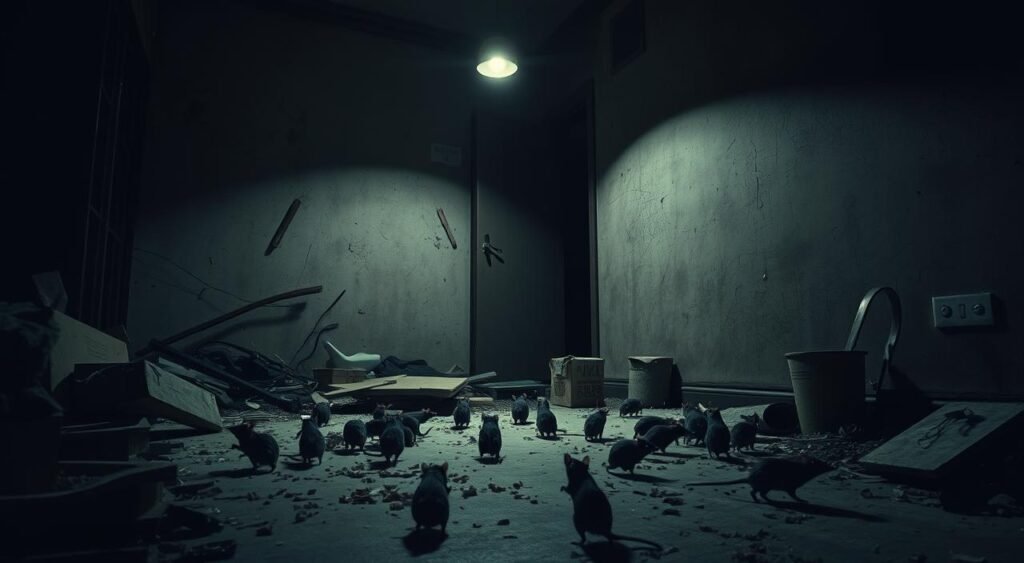 A dimly lit residential interior, infested with scurrying rats. The floor is cluttered with scattered debris, while the walls are marred by gnaw marks and droppings. Shadows creep across the room, creating an unsettling atmosphere as the rodents dart between the clutter. Harsh shadows cast by a single overhead light accentuate the sense of disrepair and neglect. The scene conveys the unwelcome presence of these small but persistent pests, invading the domestic space and disrupting the tranquility of the home. Um interior residencial mal iluminado, infestado de ratos correndo. O chão está atulhado de detritos espalhados, enquanto as paredes estão marcadas por marcas de roedores e fezes. Sombras se espalham pelo cômodo, criando uma atmosfera inquietante enquanto os roedores se movem rapidamente entre a desordem. Sombras fortes projetadas por uma única luz no teto acentuam a sensação de abandono e abandono. A cena transmite a presença indesejada dessas pequenas, mas persistentes pragas, que invadem o espaço doméstico e perturbam a tranquilidade do lar.
