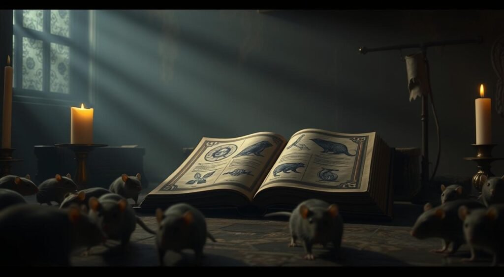 A dimly lit room, with shadows creeping across the walls. In the foreground, a group of rats scurry about, their beady eyes reflecting the flickering candlelight. In the middle ground, a large, ornate book lies open, its pages filled with arcane symbols and illustrations of rodents. The background is shrouded in a hazy, dreamlike atmosphere, hinting at the mysteries and misconceptions surrounding these small, often misunderstood creatures. The scene evokes a sense of wonder and curiosity, inviting the viewer to delve deeper into the myths and realities of these fascinating rodents. Uma sala mal iluminada, com sombras se espalhando pelas paredes. Em primeiro plano, um grupo de ratos corre de um lado para o outro, com seus olhos redondos refletindo a luz bruxuleante das velas. No centro, um livro grande e ornamentado está aberto, com suas páginas repletas de símbolos misteriosos e ilustrações de roedores. O fundo está envolto em uma atmosfera nebulosa e onírica, sugerindo os mistérios e equívocos que cercam essas pequenas criaturas, muitas vezes incompreendidas. A cena evoca uma sensação de admiração e curiosidade, convidando o espectador a mergulhar mais profundamente nos mitos e realidades desses fascinantes roedores.