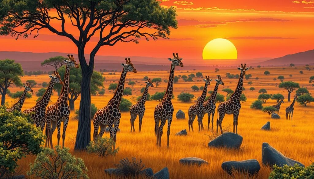 A herd of graceful giraffes camouflaged amidst the lush, rolling savanna. In the foreground, their long necks and spotted coats seamlessly blend into the towering acacia trees, their mottled patterns providing natural concealment. The middle ground reveals a vast expanse of golden grasslands, dotted with clusters of shrubs and boulders, creating a patchwork of textures and tones. The distant horizon is painted with a vibrant, fiery sunset, casting a warm, diffused glow over the entire scene. The lighting is soft and natural, with gentle shadows accentuating the contours of the giraffes' forms. The camera angle is slightly elevated, providing a sweeping panoramic view that captures the giraffes' remarkable adaptation to their savanna habitat. Uma manada de girafas graciosas camufladas em meio à savana exuberante e ondulada. Em primeiro plano, seus pescoços longos e pelagens manchadas se misturam perfeitamente às imponentes acácias, com seus padrões manchados proporcionando um esconderijo natural. O plano central revela uma vasta extensão de pastagens douradas, pontilhadas por aglomerados de arbustos e pedras, criando uma colcha de retalhos de texturas e tons. O horizonte distante é pintado com um pôr do sol vibrante e ardente, lançando um brilho quente e difuso sobre toda a cena. A iluminação é suave e natural, com sombras suaves acentuando os contornos das formas das girafas. O ângulo da câmera é ligeiramente elevado, proporcionando uma vista panorâmica abrangente que captura a notável adaptação das girafas ao seu habitat na savana.
