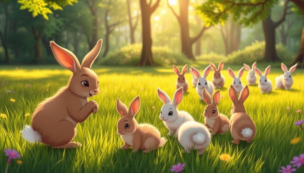 A herd of rabbits frolicking in a lush, verdant meadow, their fluffy tails and alert ears catching the warm glow of the afternoon sun. In the foreground, a mother rabbit tenderly grooms her young, while in the middle ground, a group of bunnies playfully chase each other, their movements captured in a soft, shallow depth of field. The background features a serene forest, with dappled sunlight filtering through the canopy, creating a peaceful, tranquil atmosphere. The overall scene conveys the endearing, mischievous nature of these delightful creatures, inviting the viewer to observe their captivating behavior. Segredos dos Coelhos