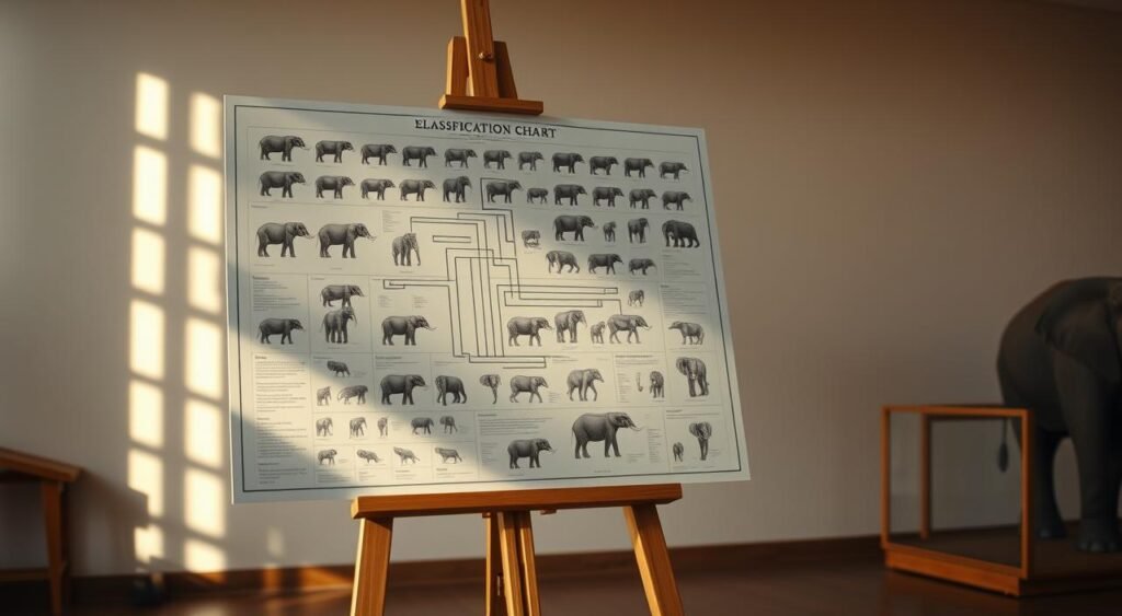 A highly detailed scientific classification chart of elephants, prominently displayed on a wooden easel in a natural history museum setting. The chart features meticulous illustrations and taxonomic information about the various elephant species and subspecies, arranged in a clear and organized manner. Soft, natural lighting illuminates the scene, casting warm shadows and highlights that accentuate the texture and color of the materials. The background is a clean, neutral palette that allows the classification chart to be the focal point, conveying a sense of educational authority and precision. fatos curiosos sobre os elefantes