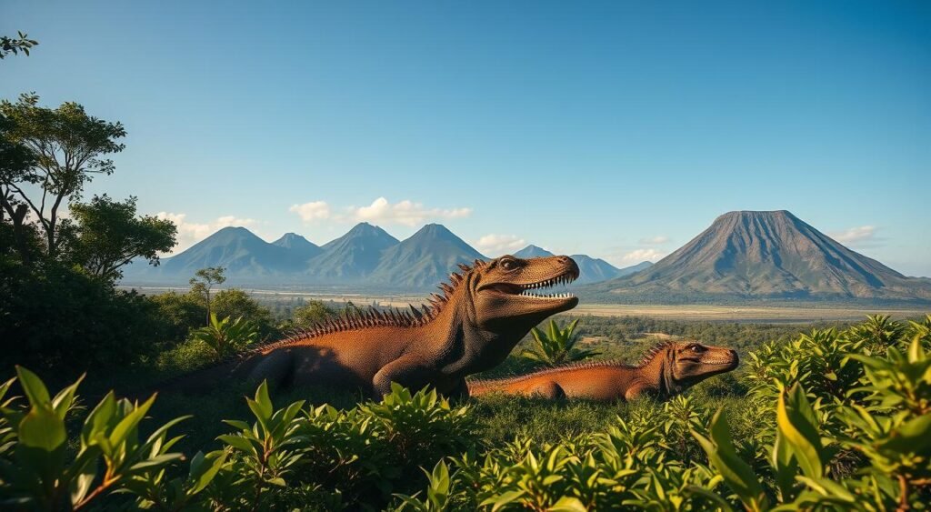 A lush, verdant Indonesian island landscape, with the towering, prehistoric forms of Komodo dragons emerging from the dense foliage. The enormous, scaly reptiles bask in the warm, golden sunlight, their powerful jaws and serrated teeth hinting at the apex predators they are. In the distance, volcanic peaks rise against a clear, azure sky. The scene conveys a sense of primordial grandeur, a glimpse into a lost world where these ancient, awe-inspiring creatures still roam. A wide-angle lens captures the dramatic setting, while subtle cinematic lighting and depth of field draw the viewer's eye to the majestic Komodo dragons in the foreground.