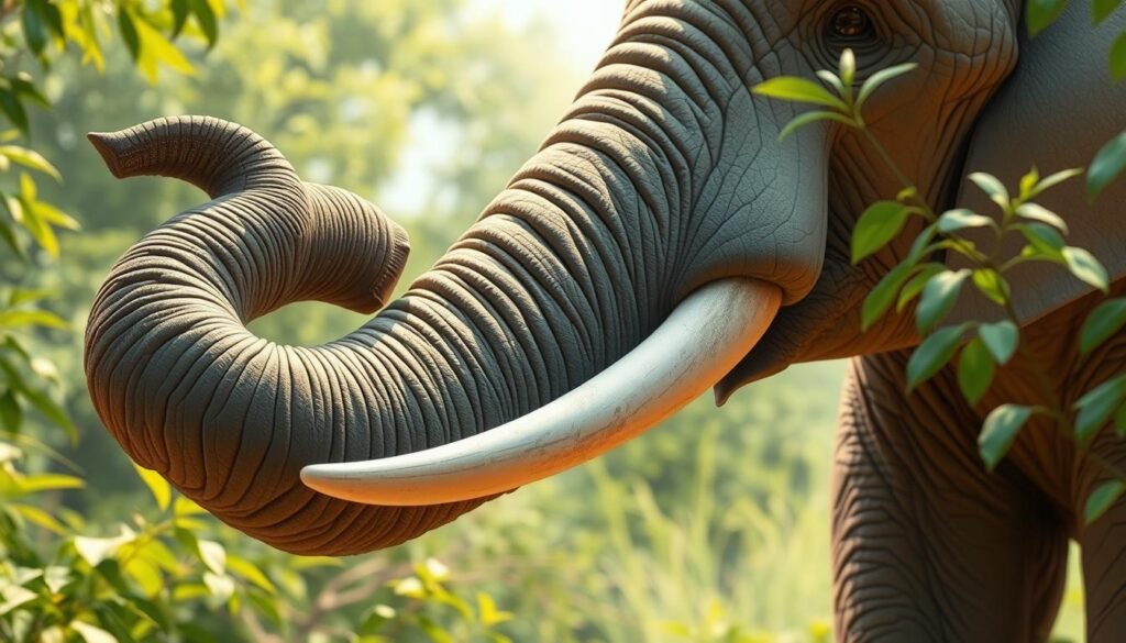 A majestic elephant's trunk, a dexterous appendage with incredible strength and agility, gracefully manipulating its surroundings. Captured in a serene, natural setting, the trunk stretches forth, exploring the lush foliage and interacting with the environment. Soft, diffused lighting illuminates the intricate texture and musculature of the trunk, conveying a sense of power and delicacy. The trunk's versatility is on full display, as it effortlessly lifts, grasps, and gestures, showcasing the elephant's remarkable intelligence and adaptability. This intimate close-up perspective invites the viewer to appreciate the trunk's essential role in the life of these magnificent creatures. A majestosa tromba de um elefante, um apêndice hábil com incrível força e agilidade, manipulando graciosamente o ambiente. Capturada em um cenário sereno e natural, a tromba se estende, explorando a folhagem exuberante e interagindo com o ambiente. Uma iluminação suave e difusa ilumina a textura e a musculatura intrincadas da tromba, transmitindo uma sensação de poder e delicadeza. A versatilidade da tromba é totalmente exibida, pois ela levanta, agarra e gesticula sem esforço, demonstrando a notável inteligência e adaptabilidade do elefante. Esta perspectiva íntima e próxima convida o observador a apreciar o papel essencial da tromba na vida dessas magníficas criaturas.