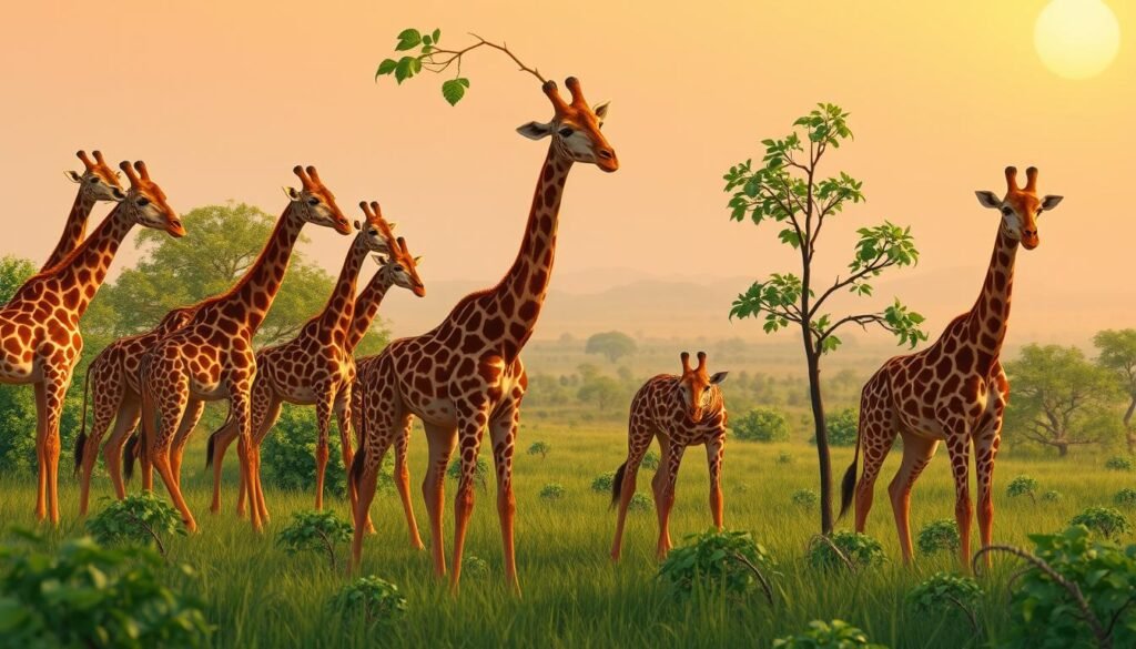 A majestic giraffe herd grazing in a lush, verdant savanna, their long necks swaying gracefully as they forage for leaves. The golden afternoon sun casts a warm, soft glow, highlighting the unique patterns and textures of their spotted coats. In the middle ground, a young giraffe extends its neck to reach a higher branch, exhibiting the species' remarkable adaptations. In the background, a hazy horizon blends the earth and sky, creating a serene, naturalistic atmosphere. The composition captures the essence of these extraordinary creatures and their captivating behaviors in their natural habitat. Uma majestosa manada de girafas pastando em uma savana verdejante e exuberante, com seus longos pescoços balançando graciosamente enquanto buscam folhas. O sol dourado da tarde lança um brilho quente e suave, destacando os padrões e texturas únicos de suas pelagens manchadas. No centro, uma jovem girafa estende o pescoço para alcançar um galho mais alto, exibindo as notáveis adaptações da espécie. Ao fundo, um horizonte nebuloso mistura a terra e o céu, criando uma atmosfera serena e naturalista. A composição captura a essência dessas criaturas extraordinárias e seus comportamentos cativantes em seu habitat natural.