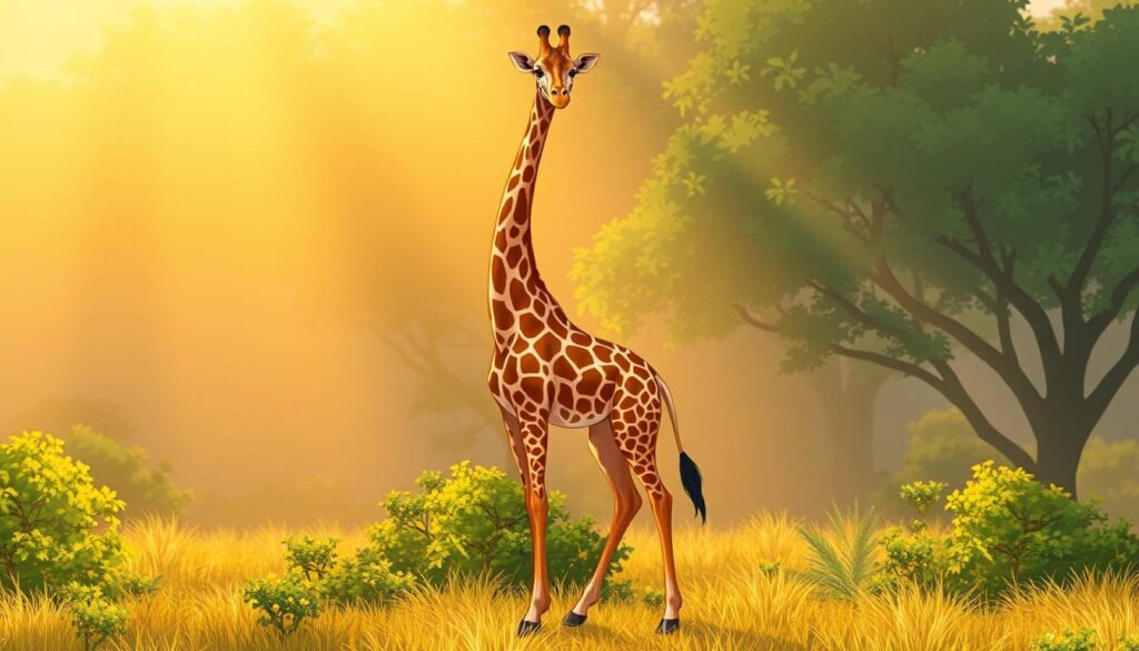A majestic giraffe standing tall, its long graceful neck rising above the savanna. Warm, golden sunlight filters through the lush greenery, casting gentle shadows across its spotted fur. The giraffe's powerful legs support its towering frame, revealing the remarkable adaptations that allow it to thrive in its natural habitat. The image captures the animal's regal presence, showcasing the distinct physical characteristics that make the giraffe an iconic symbol of the African wilderness. curiosidades sobre girafas