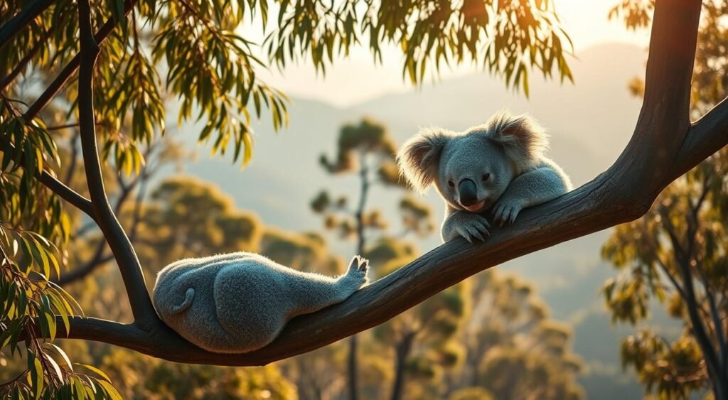 A peaceful koala bear relaxing on a eucalyptus tree branch in the lush, verdant forests of Australia. The koala's soft, gray fur and gentle expression exude a calming presence. The scene is bathed in warm, golden sunlight filtering through the canopy, casting a serene glow. In the middle ground, other eucalyptus trees sway gently in the breeze, and the background features a hazy, blue-tinged mountainous horizon. The overall atmosphere is one of tranquility and harmony, reflecting the inherent calmness and charm of these beloved marsupials. Fatos curiosos sobre os coalas:
