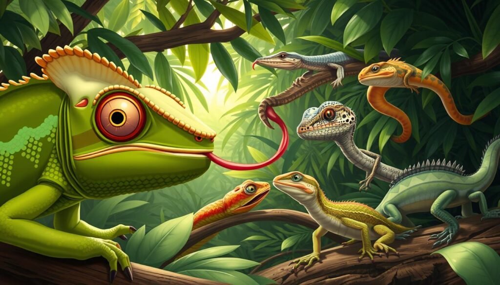 A realistic digital illustration showcasing the physical adaptations of reptiles. The foreground features a close-up view of a chameleon's unique features, including its independently moving eyes, long prehensile tongue, and color-changing skin. The middle ground depicts a variety of other reptile species, such as a gecko with adhesive toe pads, a snake with a flexible jaw, and a lizard with a detachable tail. The background sets the scene with a lush, tropical environment complete with dense foliage, sunlight filtering through the leaves, and a sense of natural harmony. The overall composition emphasizes the remarkable evolutionary adaptations that enable reptiles to thrive in diverse environments. Uma ilustração digital realista que mostra as adaptações físicas dos répteis. O primeiro plano apresenta um close-up das características únicas de um camaleão, incluindo seus olhos que se movem independentemente, sua longa língua preênsil e sua pele que muda de cor. O plano do meio retrata uma variedade de outras espécies de répteis, como uma lagartixa com almofadas adesivas nos dedos, uma cobra com mandíbula flexível e um lagarto com cauda destacável. O fundo define a cena com um ambiente tropical exuberante, repleto de folhagem densa, luz solar filtrada pelas folhas e uma sensação de harmonia natural. A composição geral enfatiza as notáveis adaptações evolutivas que permitem aos répteis prosperar em ambientes diversos.