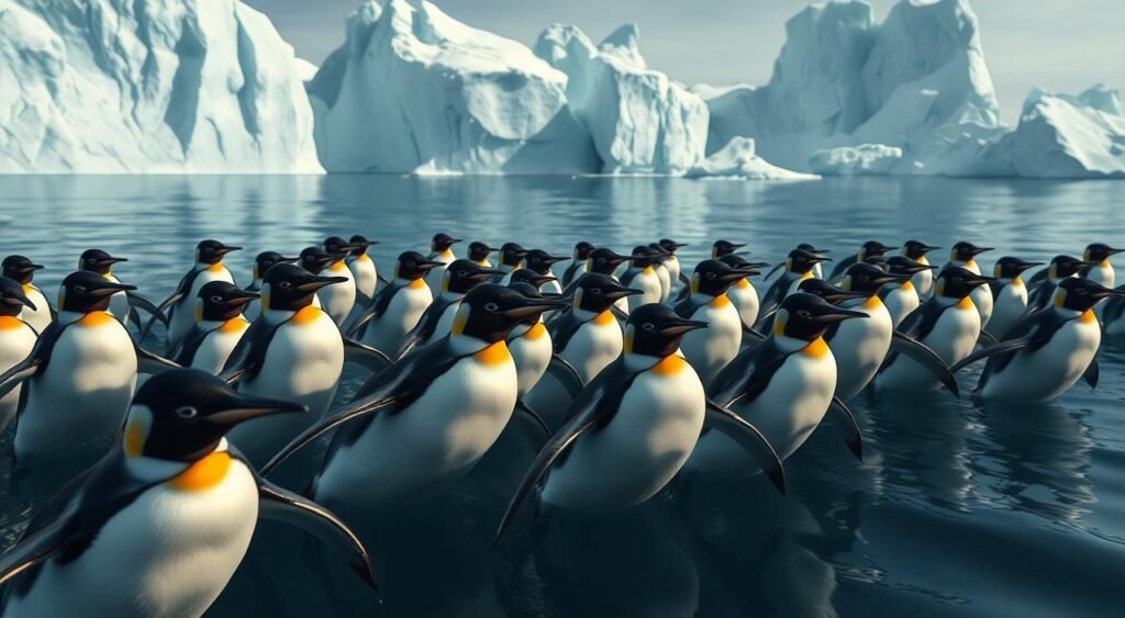 A school of Emperor penguins gliding gracefully through the crystalline Antarctic waters, their sleek black-and-white forms cutting through the surface like living torpedoes. The birds' beaks are slightly parted, as if whispering secrets to one another, while their expressive eyes convey a sense of calm intelligence. In the background, towering icebergs cast dramatic shadows across the scene, creating a moody, contemplative atmosphere. Soft, diffused lighting bathes the penguins, accentuating the smooth texture of their feathers and the subtle reflections in the icy water. The overall impression is one of serene, almost meditative, wonder at the hidden lives of these remarkable seabirds. Segredos dos Pinguins