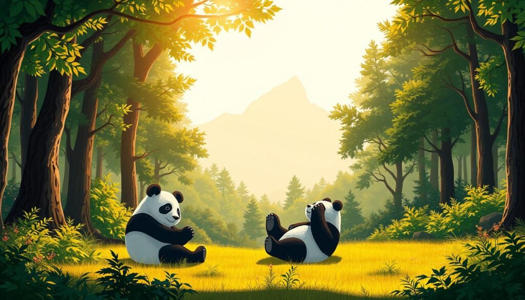 A serene forest clearing, illuminated by warm, golden sunlight filtering through the canopy. In the foreground, a pair of giant pandas, their black-and-white fur coats standing out against the lush, verdant undergrowth. The pandas are engaging in playful behaviors, rolling and tumbling, their movements capturing a sense of harmony and conservation. In the middle ground, a mountainous landscape rises, suggesting the pandas' natural habitat. The background is hazy, with distant peaks fading into the mist, conveying a sense of depth and tranquility. The overall scene radiates a mood of peaceful coexistence and the importance of preserving these beloved, endangered creatures. A serene forest clearing, illuminated by warm, golden sunlight filtering through the canopy. In the foreground, a pair of giant pandas, their black-and-white fur coats standing out against the lush, verdant undergrowth. The pandas are engaging in playful behaviors, rolling and tumbling, their movements capturing a sense of harmony and conservation. In the middle ground, a mountainous landscape rises, suggesting the pandas' natural habitat. The background is hazy, with distant peaks fading into the mist, conveying a sense of depth and tranquility. The overall scene radiates a mood of peaceful coexistence and the importance of preserving these beloved, endangered creatures.