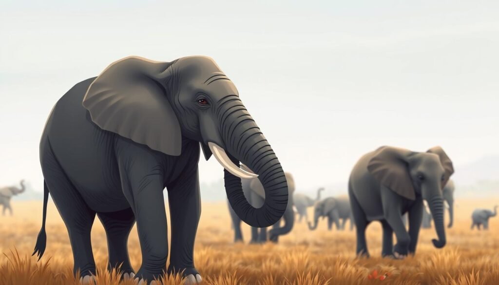 A serene, naturalistic depiction of elephant reproduction. In the foreground, a male and female African elephant embrace, their trunks intertwined in a tender display of affection. The midground showcases the female elephant's rounded belly, symbolizing the gestation period. In the background, a herd of elephants roams peacefully, their movements captured in a soft, muted lighting that evokes the tranquility of the savanna. The image conveys the awe-inspiring cycle of life, showcasing the intelligence and familial bonds of these majestic creatures. Uma representação serena e naturalista da reprodução do elefante. Em primeiro plano, um elefante africano macho e uma fêmea se abraçam, com as trombas entrelaçadas em uma terna demonstração de afeto. O plano central destaca a barriga arredondada da elefanta, simbolizando o período de gestação. Ao fundo, uma manada de elefantes vagueia pacificamente, com seus movimentos capturados por uma iluminação suave e suave que evoca a tranquilidade da savana. A imagem transmite o inspirador ciclo da vida, destacando a inteligência e os laços familiares dessas criaturas majestosas.