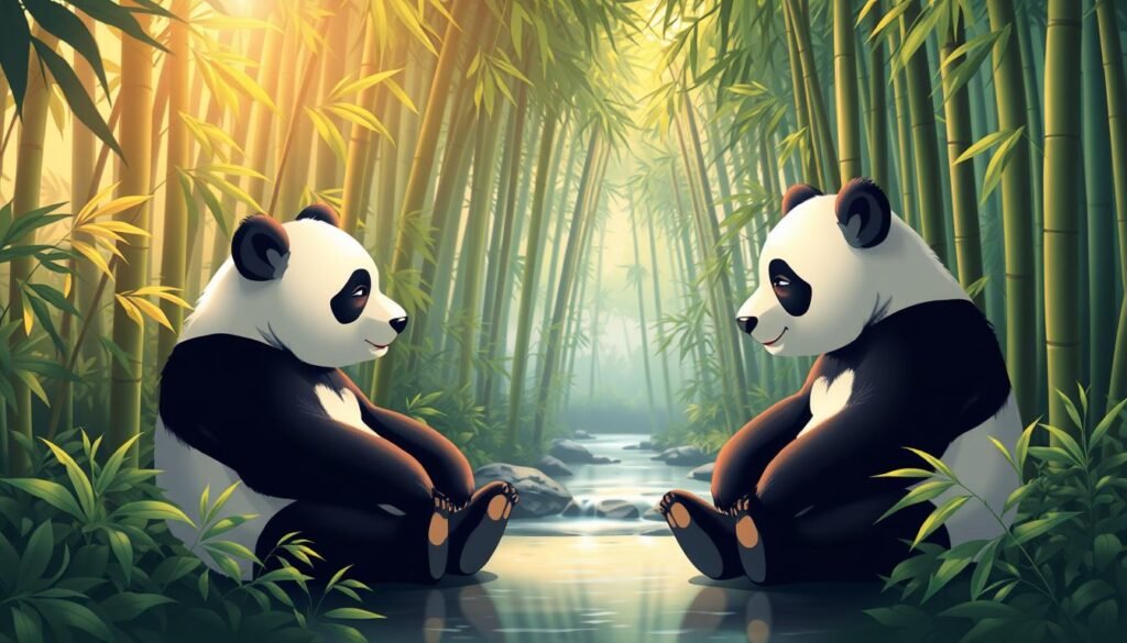A serene panda diplomacy scene set in a lush, verdant bamboo forest. In the foreground, two pandas sit facing each other, their expressions contemplative as they engage in a diplomatic exchange. Soft, diffused lighting filters through the canopy, casting a warm, tranquil glow on the peaceful encounter. The middle ground features a gently flowing stream, its waters reflecting the surrounding foliage. In the background, towering bamboo stalks sway gently, creating a sense of depth and natural harmony. The overall atmosphere conveys the pandas' renowned diplomatic prowess and their deep connection to the natural world. curiosidades sobre os pandas