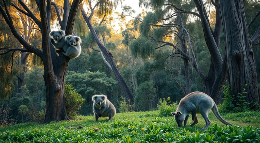 A serene scene of Australian marsupials in their natural habitat. In the foreground, a group of koalas nestled in the branches of a eucalyptus tree, their fluffy gray fur and curious expressions capturing the viewer's attention. In the middle ground, a wallaby grazes peacefully on the lush, verdant undergrowth, its powerful hind legs poised for a graceful hop. The background features a dense, lush forest, with towering gum trees and a warm, golden-hued light filtering through the canopy, creating a calming, naturalistic atmosphere. The overall composition conveys a sense of tranquility and harmony, perfectly capturing the essence of these iconic Australian animals. Uma cena serena de marsupiais australianos em seu habitat natural. Em primeiro plano, um grupo de coalas aninhados nos galhos de um eucalipto, com sua pelagem cinza e fofa e expressões curiosas capturando a atenção do observador. No meio, um wallaby pasta pacificamente na vegetação rasteira exuberante e verdejante, com suas poderosas patas traseiras prontas para um salto gracioso. O fundo apresenta uma floresta densa e exuberante, com imponentes eucaliptos e uma luz quente e dourada filtrando através da copa, criando uma atmosfera calma e naturalista. A composição geral transmite uma sensação de tranquilidade e harmonia, capturando perfeitamente a essência desses icônicos animais australianos.