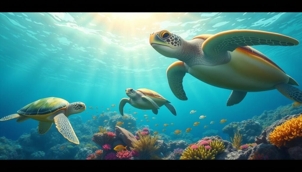A serene underwater scene showcasing the diverse species of marine turtles. In the foreground, a vibrant green sea turtle glides gracefully, its shell reflecting the dappled sunlight filtering through the crystal-clear waters. In the middle ground, a loggerhead turtle explores a vibrant coral reef, surrounded by a school of tropical fish. In the background, a leatherback turtle propels itself through the open ocean, its massive bulk cutting through the waves. The lighting is soft and natural, capturing the tranquil, aquatic environment. The scene is captured with a wide-angle lens, emphasizing the scale and grandeur of this marine ecosystem. Coisas que Você não Sabia sobre Tartarugas Marinhas