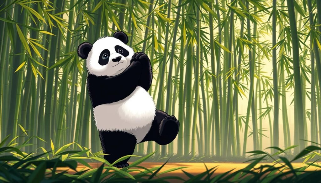 A solitary panda bear, its black and white fur glistening, stands in a lush bamboo forest. It raises its hind leg, carefully marking its territory with a powerful scent. Dappled sunlight filters through the swaying bamboo stalks, casting a warm, contemplative glow. The panda's focused expression conveys a sense of quiet determination as it establishes its domain. In the foreground, detailed textures of the panda's fur and the bamboo leaves add depth and realism. The middle ground features a dense, verdant bamboo thicket, while the background fades into soft, atmospheric hues. An overall tranquil, naturalistic mood pervades the scene, capturing the solitary nature and territorial behaviors of these beloved creatures. Um panda solitário, com seu pelo preto e branco brilhando, está em uma floresta densa de bambu. Ele levanta a pata traseira, marcando cuidadosamente seu território com um cheiro poderoso. A luz do sol filtrada passa pelos cauzes de bambu que balançam, lançando um brilho quente e contemplativo. A expressão focada do panda transmite uma sensação de determinação silenciosa enquanto estabelece seu domínio. Em primeiro plano, as texturas detalhadas do pelo do panda e das folhas de bambu adicionam profundidade e realismo. O plano médio apresenta um denso e verdejante agrupamento de bambus, enquanto o fundo se desvanece em suaves tons atmosféricos. Uma sensação geral de tranquilidade e natureza permeia a cena, capturando a natureza solitária e os comportamentos territoriais dessas adoráveis criaturas.