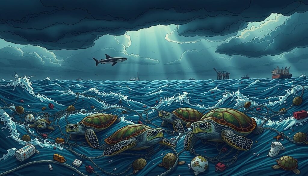 A vast, turbulent ocean scene with ominous dark clouds looming overhead. In the foreground, a group of sea turtles struggle against a tangled web of fishing nets, plastic debris, and oil spills, their once-vibrant shells dulled by the toxic environment. In the middle ground, a shark circles menacingly, while in the distance, cargo ships and oil rigs loom, symbolizing the encroachment of human activity on the delicate marine ecosystem. The lighting is dramatic, with shafts of sunlight breaking through the clouds, casting a somber, foreboding atmosphere. The overall composition conveys the plight of these ancient, majestic creatures, facing a multitude of threats from human activities in their once-pristine ocean home. Uma vasta e turbulenta cena oceânica com nuvens escuras e ameaçadoras pairando sobre suas cabeças. Em primeiro plano, um grupo de tartarugas marinhas luta contra uma teia emaranhada de redes de pesca, detritos plásticos e vazamentos de óleo, com seus cascos antes vibrantes opacos pelo ambiente tóxico. No plano central, um tubarão circula ameaçadoramente, enquanto ao longe, navios de carga e plataformas de petróleo se aproximam, simbolizando a invasão da atividade humana no delicado ecossistema marinho. A iluminação é dramática, com raios de sol rompendo as nuvens, criando uma atmosfera sombria e agourenta. A composição geral transmite a difícil situação dessas criaturas antigas e majestosas, enfrentando uma infinidade de ameaças da atividade humana em seu outrora intocado lar oceânico.