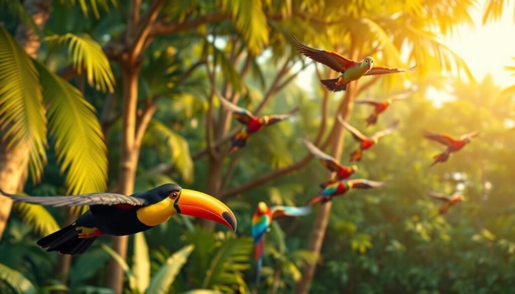 A vibrant flock of exotic birds soaring gracefully through a lush, tropical landscape. In the foreground, a majestic toucan with its vibrant beak and striking plumage glides effortlessly, its wings outstretched. In the middle ground, a group of parrots in a kaleidoscope of colors flap their wings with precision, their movements captured in a dynamic blur. In the background, a towering canopy of verdant foliage sets the stage, the warm rays of the sun filtering through the leaves and casting a warm, golden glow on the scene. The overall atmosphere conveys a sense of wonder and awe, highlighting the remarkable flight capabilities and natural beauty of these extraordinary avian species. Fatos Interessantes Sobre aves Exóticas