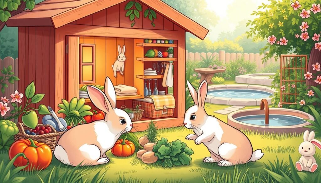 A warm, cozy rabbit hutch set in a lush, natural garden. In the foreground, a curious rabbit examines a selection of healthy vegetables and herbs, reflecting the loving care its owner provides. The middle ground features a well-stocked supply of rabbit-safe toys, bedding, and grooming tools, conveying the attention to the rabbit's physical and mental well-being. The background depicts a sun-dappled outdoor scene, with flowering plants and a tranquil water feature, creating a calming, therapeutic atmosphere. Soft, diffused lighting enhances the sense of comfort and care. This scene captures the essence of responsible rabbit ownership, promoting the rabbit's optimal health and happiness. Uma aconchegante e acolhedora casa para coelhos situada em um jardim natural e exuberante. Em primeiro plano, um coelho curioso examina uma seleção de vegetais e ervas saudáveis, refletindo os cuidados amorosos que seu proprietário oferece. No meio, há um suprimento bem abastecido de brinquedos seguros para coelhos, cama e ferramentas de higiene, transmitindo a atenção ao bem-estar físico e mental do coelho. O fundo retrata uma cena externa iluminada pelo sol, com plantas floridas e uma característica aquática tranquila, criando uma atmosfera calmante e terapêutica. Uma iluminação suave e difusa realça a sensação de conforto e cuidado. Esta cena captura a essência da posse responsável de coelhos, promovendo a saúde e a felicidade ideais do coelho.