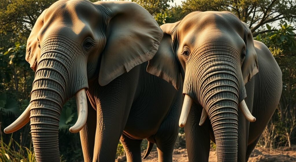 A wide, high-angle view showcasing the towering frames of an African elephant and an Asian elephant side-by-side, capturing their distinct yet impressive dimensions. The African elephant, with its massive, muscular build and large ears, stands tall and proud, while the Asian elephant, with its slightly smaller stature and rounded head, appears equally majestic. The animals are posed in a natural outdoor setting, with lush foliage and a warm, golden-hued lighting that highlights their intricate skin textures and wrinkles. The composition emphasizes the scale and power of these two elephant species, inviting the viewer to appreciate the remarkable size and diversity of these magnificent terrestrial giants. Uma vista ampla e de ângulo elevado mostra as estruturas imponentes de um elefante africano e um elefante asiático lado a lado, capturando suas dimensões distintas, porém impressionantes. O elefante africano, com sua constituição maciça e musculosa e orelhas grandes, ergue-se alto e orgulhoso, enquanto o elefante asiático, com sua estatura ligeiramente menor e cabeça arredondada, parece igualmente majestoso. Os animais estão posicionados em um ambiente natural ao ar livre, com vegetação exuberante e uma iluminação quente em tons dourados que realça suas texturas de pele e rugas intrincadas. A composição enfatiza a escala e o poder dessas duas espécies de elefantes, convidando o observador a apreciar o tamanho e a diversidade notáveis desses magníficos gigantes terrestres.