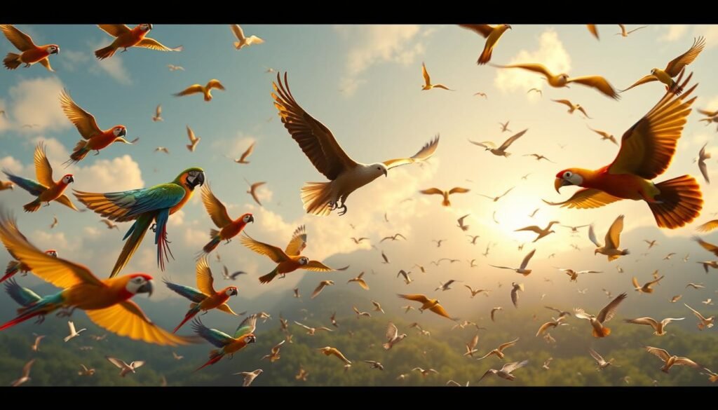 Adaptations of bird flight: A detailed aerial ballet showcasing the graceful movements and specialized features of exotic avian species. In the foreground, a flock of vibrant parrots and macaws soar effortlessly, their colorful plumage shimmering under warm, natural lighting. In the middle ground, a majestic eagle glides, its broad wings and sharp talons a testament to its predatory prowess. In the background, a diverse array of songbirds flutter and dart, their nimble maneuvers and delicate forms highlighting the incredible diversity of avian flight adaptations. The scene is captured with a cinematic, wide-angle lens, emphasizing the harmony and interconnectedness of these feathered creatures as they navigate the skies. Adaptações do voo de pássaros: Um balé aéreo detalhado que apresenta os movimentos graciosos e as características especiais de espécies aviárias exóticas. Em primeiro plano, um bando de papagaios e araras vibrantes planam sem esforço, com suas plumagens coloridas brilhando sob a luz quente e natural. No plano central, uma águia majestosa plana, com suas asas largas e garras afiadas, um testemunho de sua destreza predatória. Ao fundo, uma variedade de pássaros canoros voa e se lança, com suas manobras ágeis e formas delicadas destacando a incrível diversidade de adaptações de voo das aves. A cena é capturada com uma lente grande angular cinematográfica, enfatizando a harmonia e a interconexão dessas criaturas emplumadas enquanto navegam pelos céus.