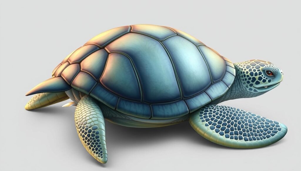 Anatomical characteristics of marine turtles: A close-up view of the intricate shell and scaly skin, revealing the complex skeletal structure and musculature beneath. Textured carapace plates, overlapping scales, and defined flippers are illuminated by soft, natural lighting that accentuates the unique form. The subject is positioned in a neutral, uncluttered setting, allowing the viewer to focus on the captivating details of this ancient, evolutionary marvel. Captured with a high-resolution lens, the image presents a striking balance of realism and artistic interpretation, conveying the remarkable adaptations that enable these remarkable ocean voyagers to thrive. Características anatômicas das tartarugas marinhas: Uma visão aproximada do casco intrincado e da pele escamosa, revelando a complexa estrutura esquelética e musculatura subjacentes. Placas texturizadas da carapaça, escamas sobrepostas e nadadeiras definidas são iluminadas por uma luz suave e natural que acentua a forma única. O sujeito está posicionado em um ambiente neutro e organizado, permitindo que o observador se concentre nos detalhes cativantes desta antiga maravilha evolucionária. Capturada com uma lente de alta resolução, a imagem apresenta um equilíbrio impressionante entre realismo e interpretação artística, transmitindo as adaptações notáveis que permitem que esses notáveis navegadores oceânicos prosperem.