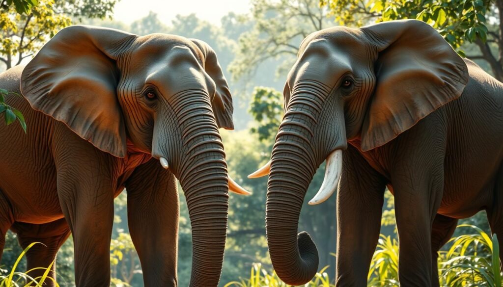 Detailed comparison of African and Asian elephants, side by side in a naturalistic setting. Crisp, high-resolution photograph. Foreground shows the massive, majestic forms of the two elephant species, highlighting their distinct physical characteristics - the larger, rounded ears and concave back of the African elephant, contrasted with the smaller, more pointed ears and convex back of the Asian elephant. Midground captures the elephants' impressive size and scale, emphasizing their towering, awe-inspiring dimensions. Background depicts a lush, verdant jungle landscape, with dappled sunlight filtering through the canopy. Warm, natural lighting casts dramatic shadows, accentuating the elephants' powerful musculature and texture of their wrinkled skin. Crisp, cinematic composition draws the viewer's attention to the captivating comparison of these two elephant giants. fatos curiosos sobre elefantes