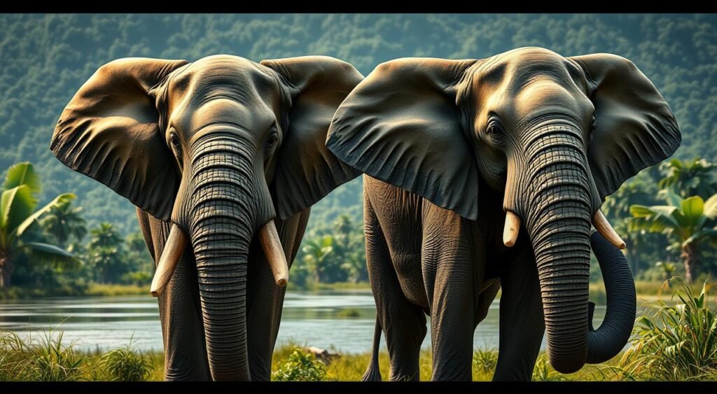 Detailed portrait of two colossal African and Asian elephants, standing side by side in a lush, verdant landscape. Elephants showcased in a naturalistic, high-resolution style, with intricate textures of thick, wrinkled skin and large, distinctive ears. Dramatic, directional lighting illuminates the scene, casting soft shadows and highlights the majestic stature of these magnificent creatures. The African elephant displays its characteristic large, concave ears and smooth, dome-shaped head, while the Asian elephant exhibits smaller, rounded ears and a twin-domed cranium. Subtle environmental details in the background, such as tropical foliage and a tranquil body of water, complete the serene, naturalistic setting befitting the grand, intelligent beasts. Retrato detalhado de dois colossais elefantes africanos e asiáticos, lado a lado, em uma paisagem exuberante e verdejante. Elefantes exibidos em um estilo naturalista de alta resolução, com texturas intrincadas de pele grossa e enrugada e orelhas grandes e distintas. Uma iluminação direcional e dramática ilumina a cena, projetando sombras suaves e realçando a majestosa estatura dessas magníficas criaturas. O elefante africano exibe suas características orelhas grandes e côncavas e sua cabeça lisa e abobadada, enquanto o elefante asiático exibe orelhas menores e arredondadas e um crânio com duas cúpulas. Detalhes ambientais sutis ao fundo, como a vegetação tropical e um corpo d'água tranquilo, completam o cenário sereno e naturalista, condizente com esses animais grandiosos e inteligentes.
