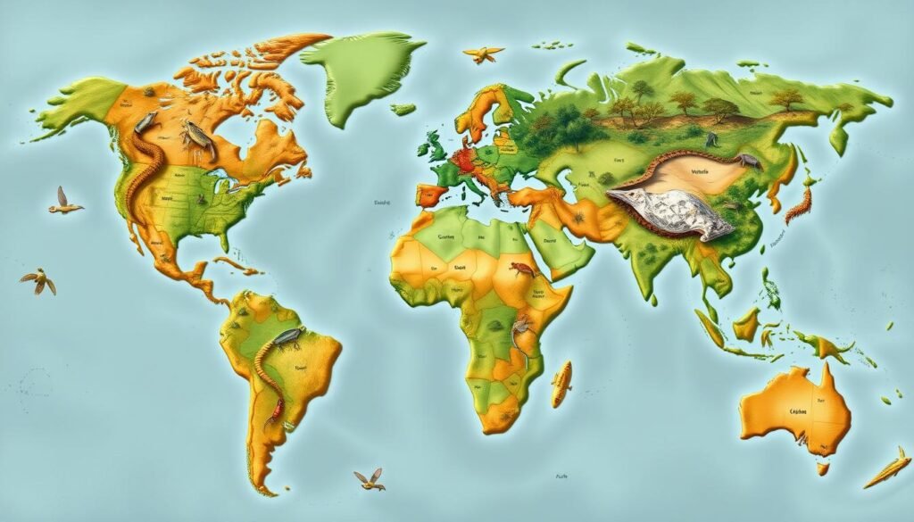 Geographic distribution of reptiles, showcasing their natural habitats across the globe. A detailed world map with vibrant colors and textures, highlighting the diverse ecosystems that reptiles inhabit, from tropical rainforests to arid deserts, from snowy tundras to lush savannas. The image should convey a sense of balance and harmony, with reptiles seamlessly integrated into their respective environments. Employ a high-resolution, photorealistic style with a slightly muted color palette to capture the natural beauty and complexity of reptile habitats. The composition should strike a balance between the global overview and regional details, allowing the viewer to appreciate the grand scale of reptile distribution while also recognizing the unique characteristics of individual regions. Geographic distribution of reptiles, showcasing their natural habitats across the globe. A detailed world map with vibrant colors and textures, highlighting the diverse ecosystems that reptiles inhabit, from tropical rainforests to arid deserts, from snowy tundras to lush savannas. The image should convey a sense of balance and harmony, with reptiles seamlessly integrated into their respective environments. Employ a high-resolution, photorealistic style with a slightly muted color palette to capture the natural beauty and complexity of reptile habitats. The composition should strike a balance between the global overview and regional details, allowing the viewer to appreciate the grand scale of reptile distribution while also recognizing the unique characteristics of individual regions.