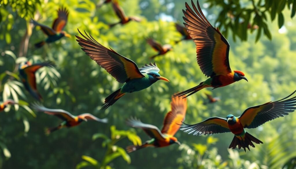 Majestic and elusive, a flock of rare Brazilian birds takes flight against a lush, verdant backdrop. Vibrant plumages of exotic hues - emerald, sapphire, and crimson - dance through the sunlit canopy. Graceful silhouettes soar effortlessly, their delicate movements captured in a cinematic wide-angle perspective. Crisp, high-resolution details reveal the intricate patterns and textures of these threatened avian species, evoking a sense of both wonder and concern for their fragile existence. A mood of reverence and conservation pervades the serene, cinematic scene. Majestoso e elusivo, um bando de raras aves brasileiras alça voo contra um cenário exuberante e verdejante. Plumagens vibrantes em tons exóticos – esmeralda, safira e carmesim – dançam através da copa iluminada pelo sol. Silhuetas graciosas planam sem esforço, seus movimentos delicados capturados em uma perspectiva cinematográfica de grande angular. Detalhes nítidos e de alta resolução revelam os padrões e texturas intrincados dessas espécies de aves ameaçadas, evocando uma sensação de admiração e preocupação por sua frágil existência. Um clima de reverência e preservação permeia a serena cena cinematográfica.